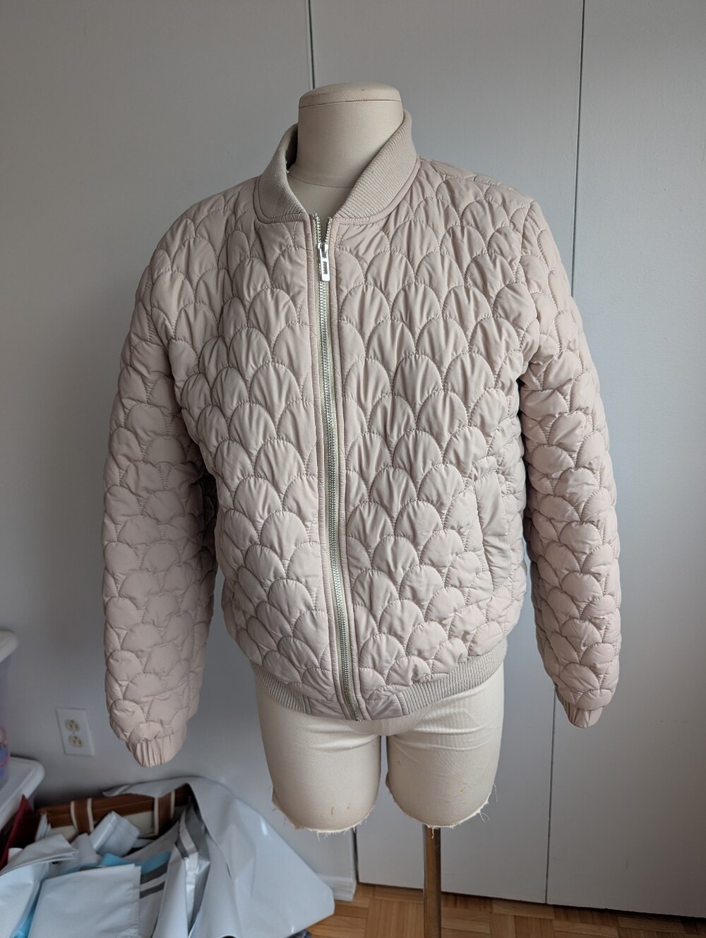 Light Taupe Quilted Bomber Jacket - Women's